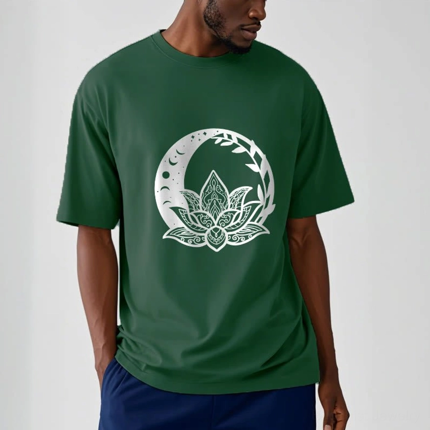 White lotus mandala vine print Buddhist cotton t-shirt quality fabric detail texture