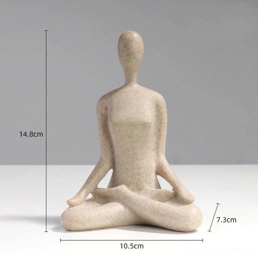 Single lotus meditation cross-legged yoga figurine with dimension markers in beige speckled resin finish