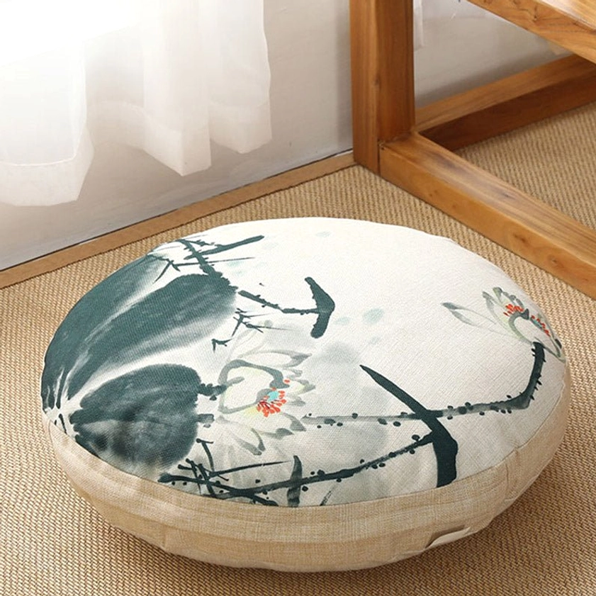 Detachable lotus meditation floor cushion zippered cover in natural linen color