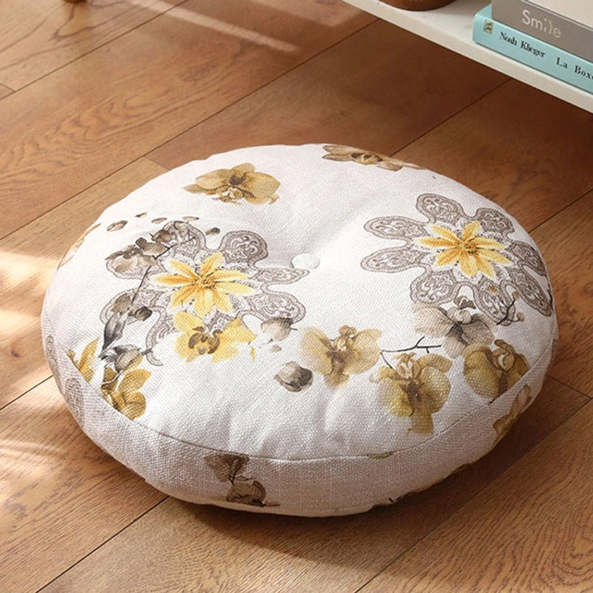 Non-detachable sealed lotus meditation seat cushion dark gray linen with button tufted center