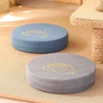 Round lotus embroidery meditation cushions overhead view tatami tea room multiple colors gold lotus design