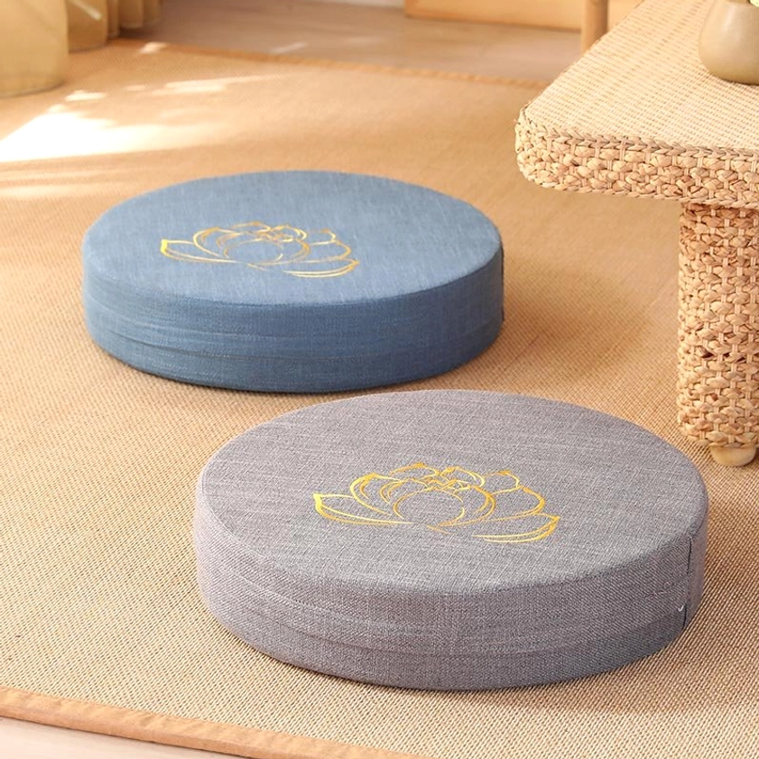 Round lotus embroidery meditation cushions overhead view tatami tea room multiple colors gold lotus design