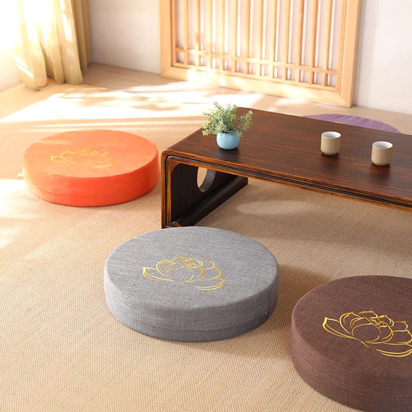 Side perspective round meditation seat cushion minimalist tea room linen fabric gold lotus multi-tone colors
