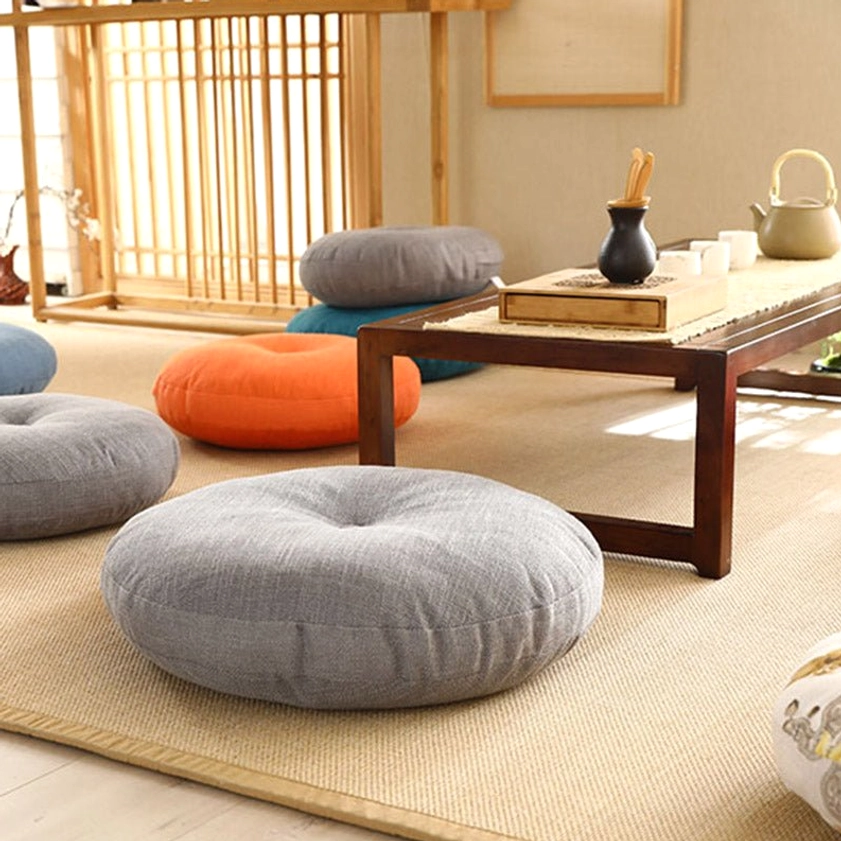 Central button tufted meditation seat cushions in Tatami room with bright and neutral color variants