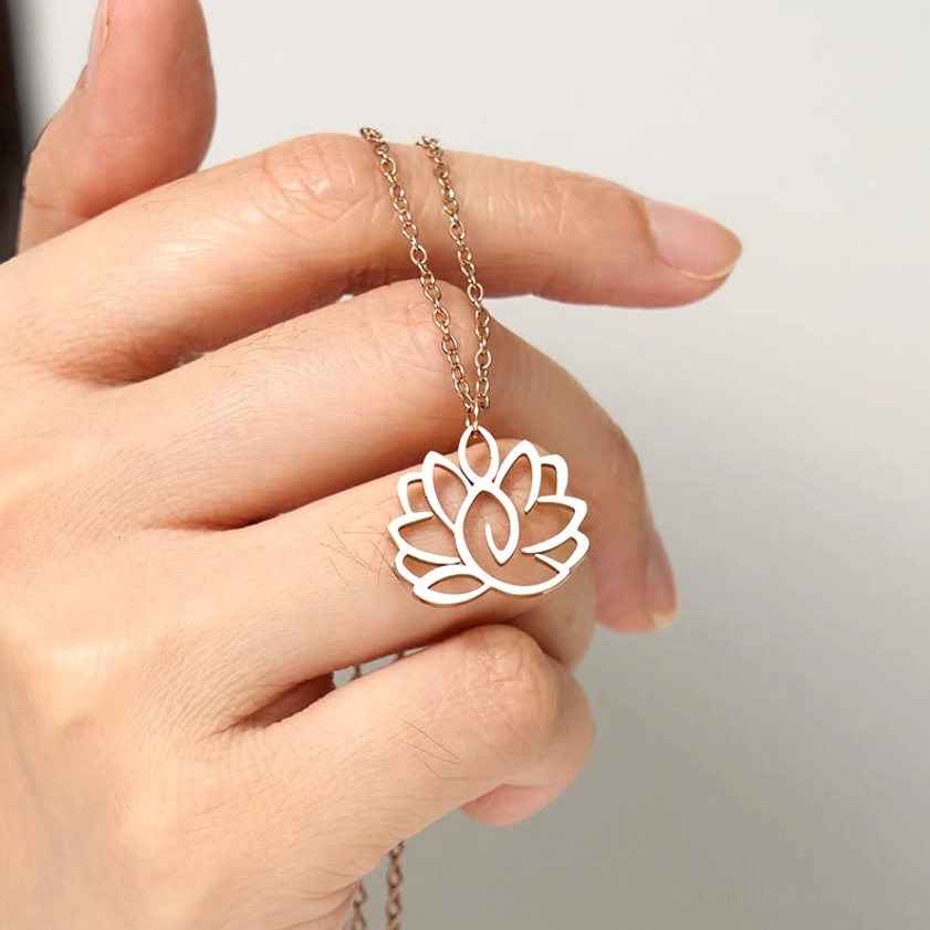Three variations of lotus necklace in silver, gold, and rose gold showing all available color options for Buddhist pendant