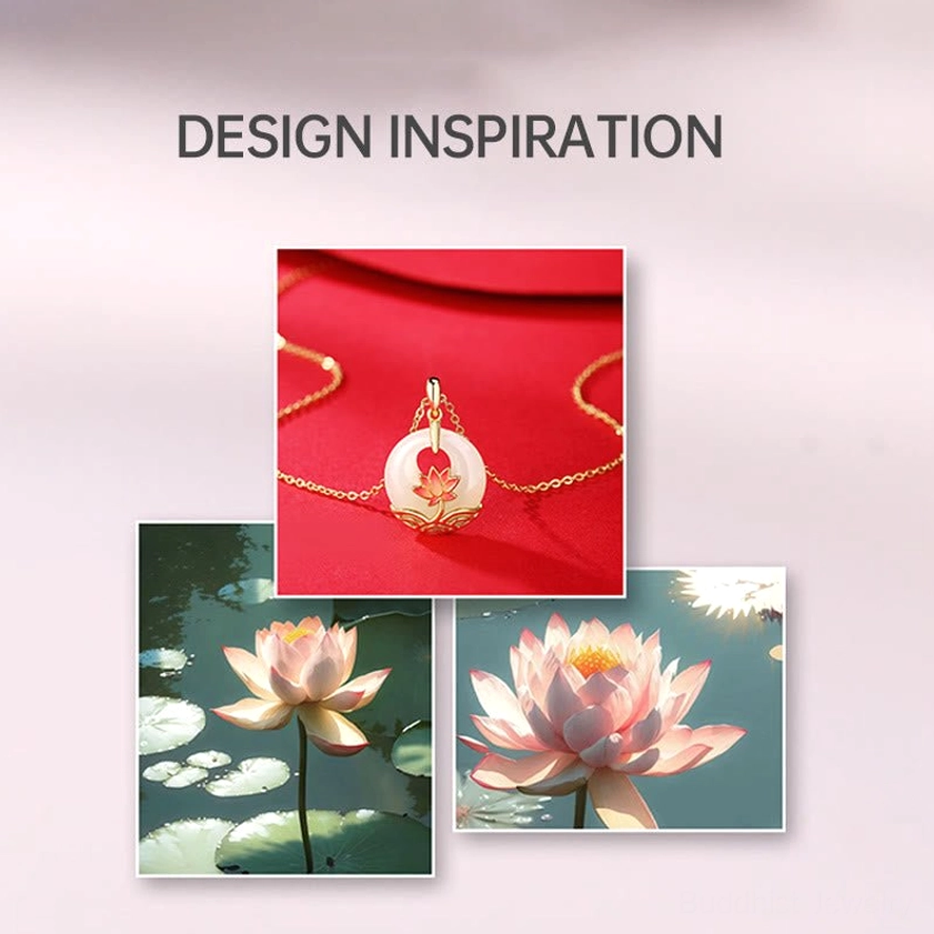 Design inspiration showcase featuring lotus flower photography and hetian white jade Buddhist pendant necklace