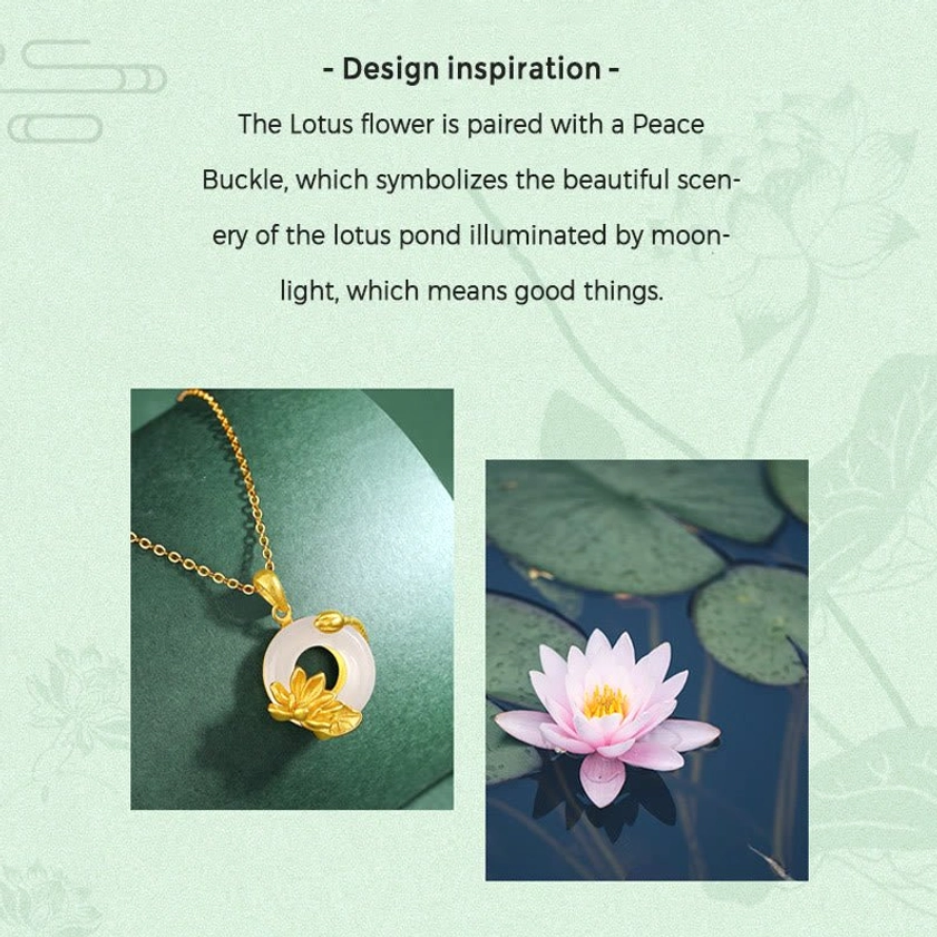 Buddhist lotus pond design inspiration poster with necklace reference and spiritual meaning explanation