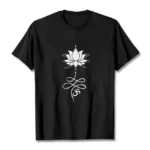 Black lotus and om Sanskrit print on white cotton Buddhist t-shirt, front flat lay view showing spiritual graphic design