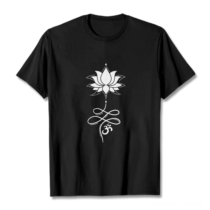 Black lotus and om Sanskrit print on white cotton Buddhist t-shirt, front flat lay view showing spiritual graphic design