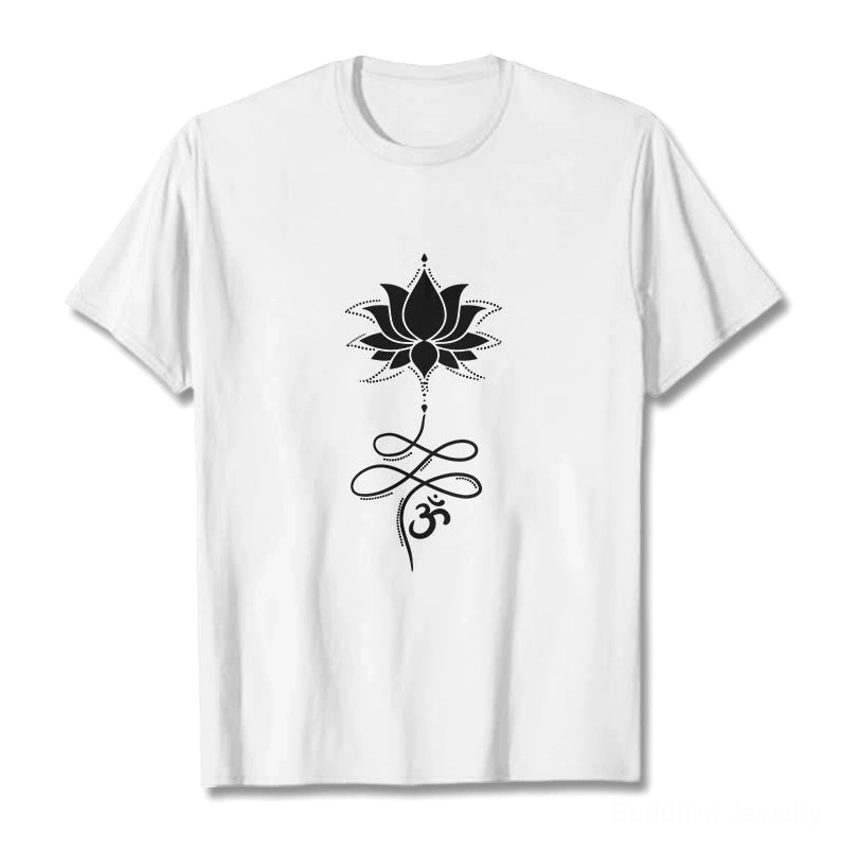 White lotus and om Sanskrit print on cream cotton Buddhist t-shirt, front flat lay view with spiritual motif