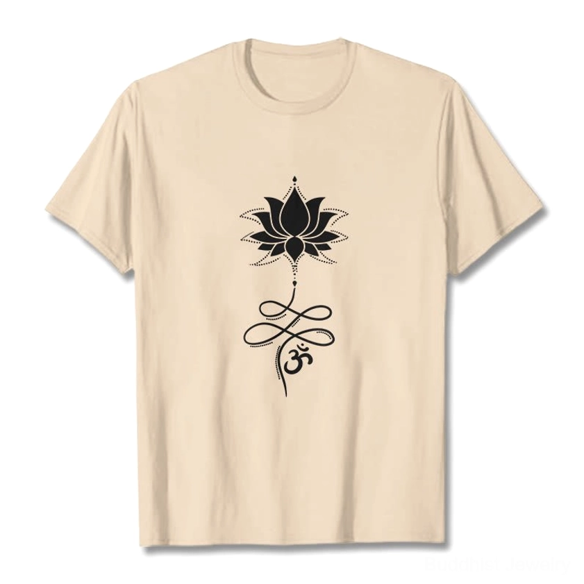 Khaki lotus and om Sanskrit print Buddhist t-shirt, front flat lay view showing spiritual chest graphic on light background