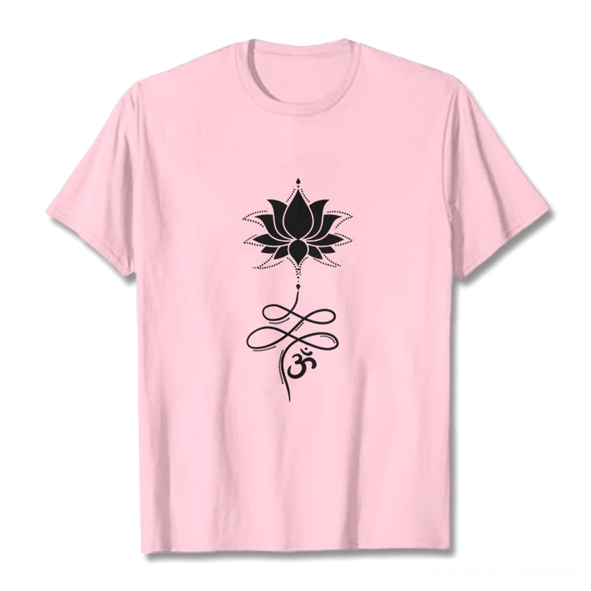 Light cyan lotus and om Sanskrit print Buddhist cotton t-shirt, front flat lay showing vibrant spiritual design