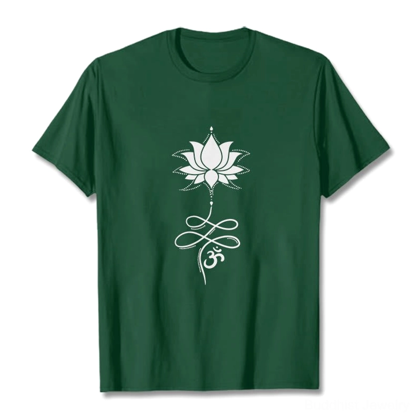 Light grey lotus and om Sanskrit print cotton Buddhist t-shirt, front flat lay on neutral background