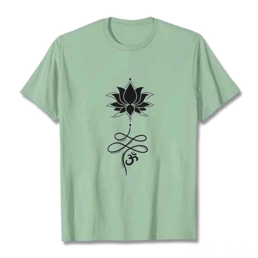 Buddhist unisex lotus om t-shirt hanging display showing fabric drape and fit on mannequin form