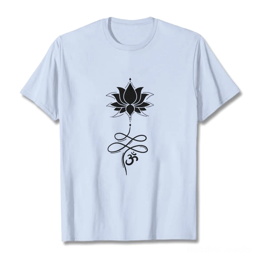 Multiple color options of lotus om Buddhist cotton t-shirts displayed flat lay showing black white cream grey cyan khaki
