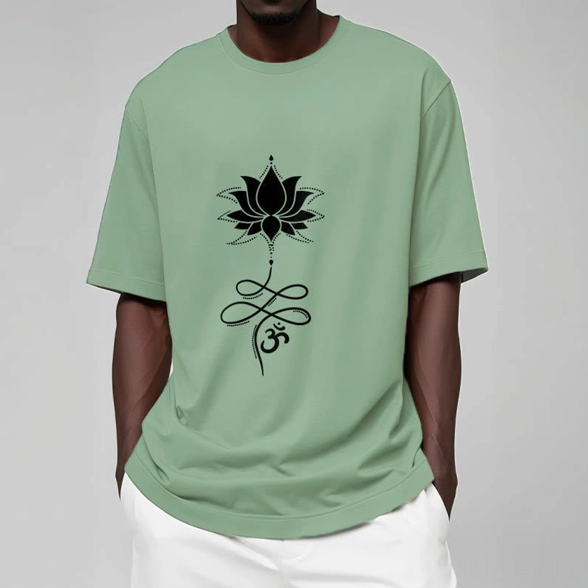 Back view of lotus om Sanskrit Buddhist t-shirt showing design placement and overall t-shirt construction