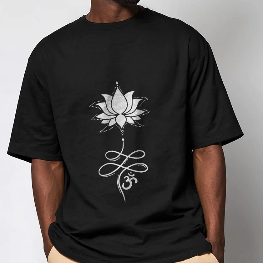 Male model wearing oversized black lotus om spiritual t-shirt, relaxed fit demonstration on casual background