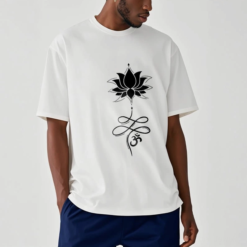 Male model wearing white lotus om spiritual t-shirt with dark blue trousers, light background casual look