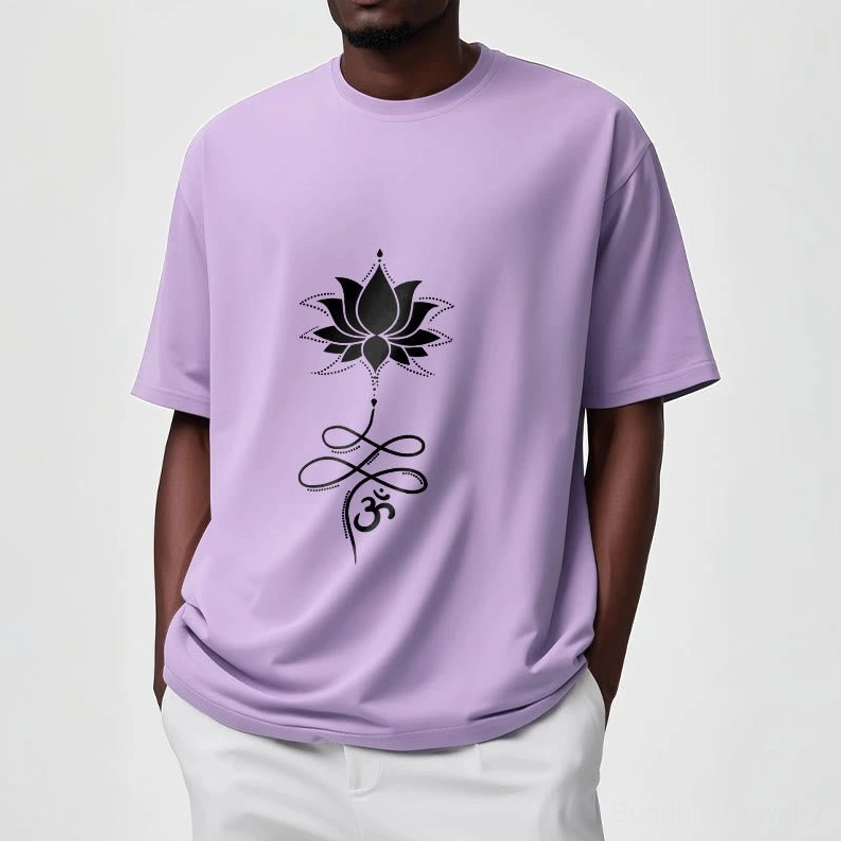 Buddhist spiritual t-shirt gift presentation with lotus om design, perfect gift for yoga enthusiasts and spiritual seekers