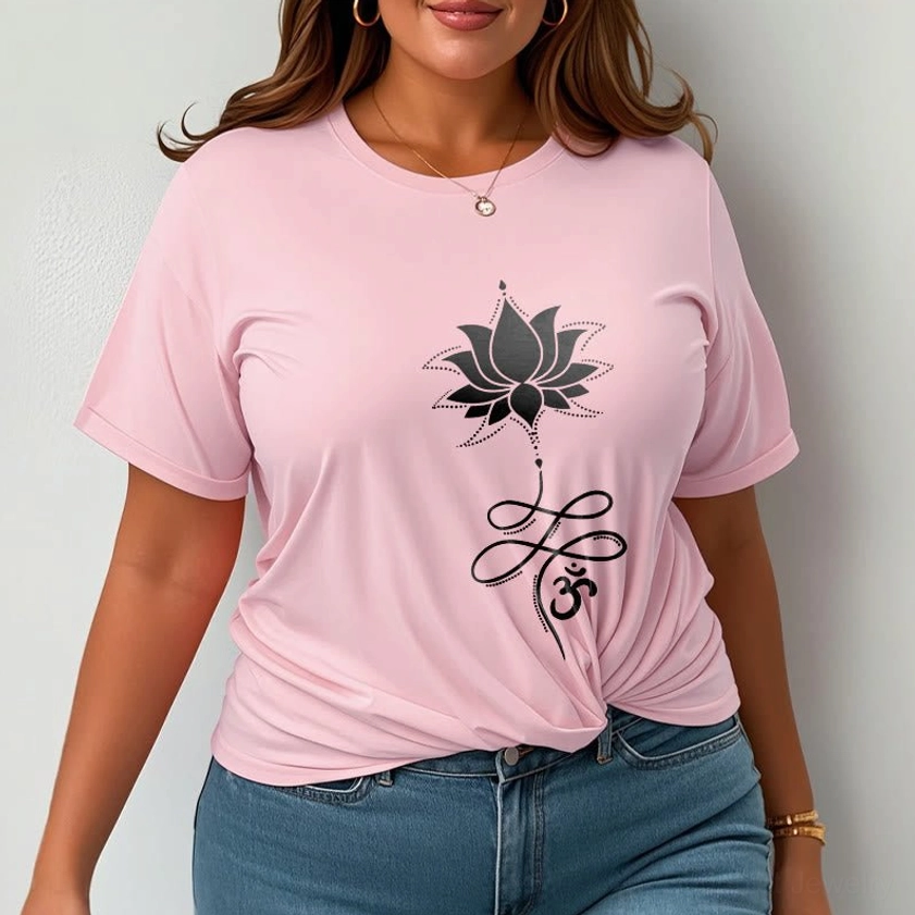 Model styling light cyan lotus om t-shirt with contemporary casual outfits, versatile spiritual wear styling ideas