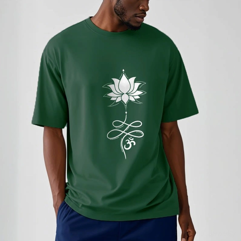 Model wearing light grey lotus om spiritual t-shirt styled with casual accessories, everyday mindfulness fashion