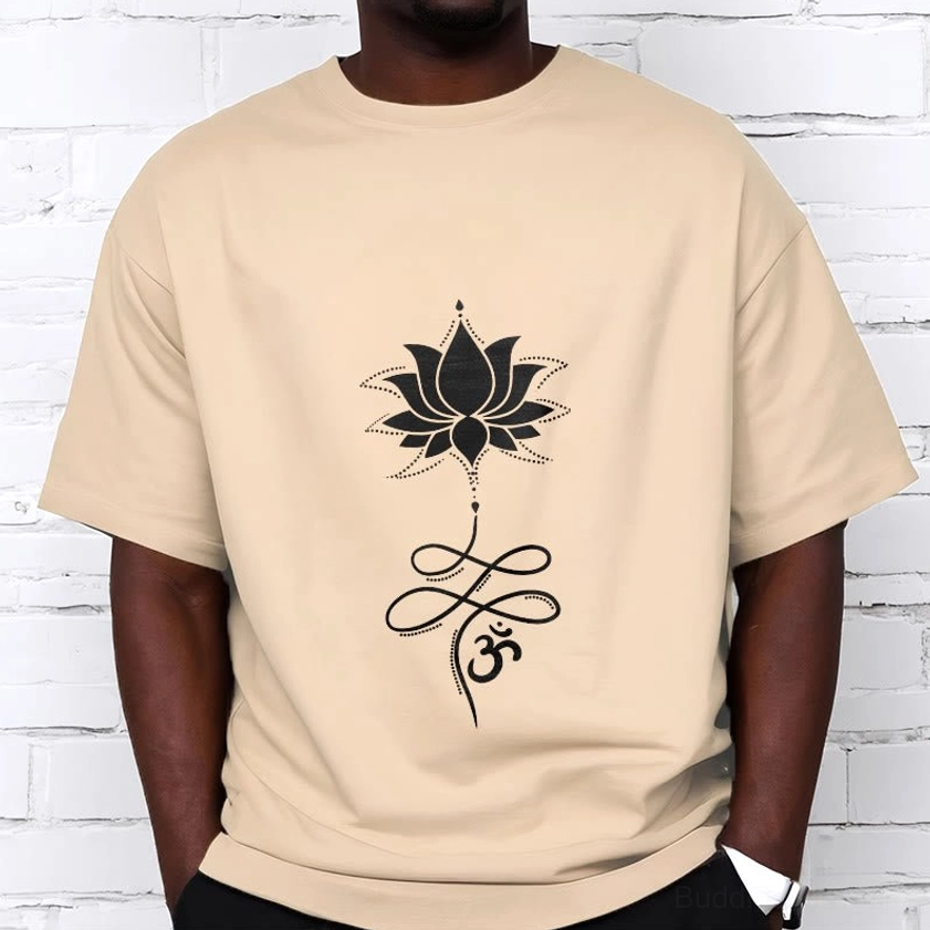 Buddhist lotus om spiritual t-shirt detail shot showing white ink screen printed design quality and craftsmanship