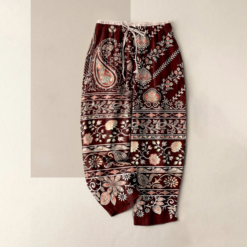 Burgundy red lotus paisley print harem pants for women with elastic waist - top view