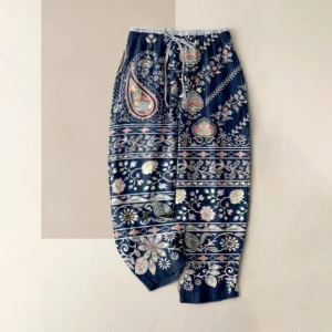 Navy blue lotus paisley print harem pants for women with elastic waist and drawstring - top view