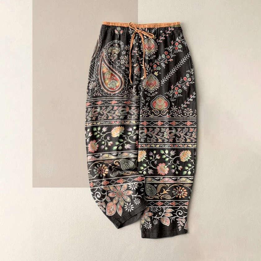 Saddle brown lotus paisley print harem pants for women with elastic waist and drawstring
