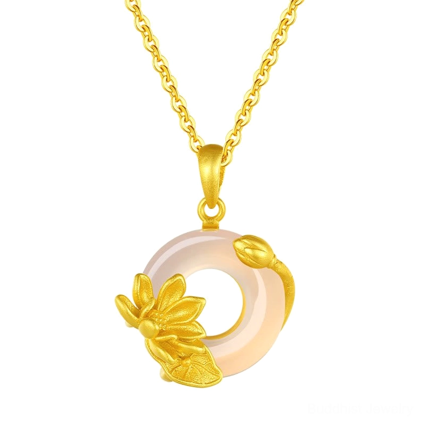 Complete white chalcedony peace buckle lotus pendant with full sterling silver chain on white background