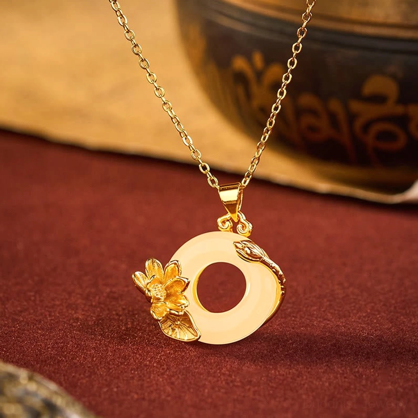 Lotus peace buckle copper necklace pendant with white jade stone, vintage tibetan style setting, gold-tone metal with 3D lotus decoration