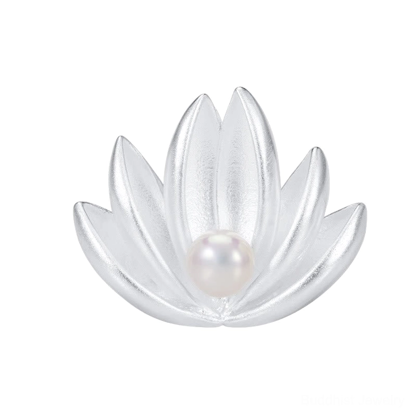 Polished sterling silver lotus flower brooch with lustrous freshwater pearl center on pure white background highlighting glossy finish