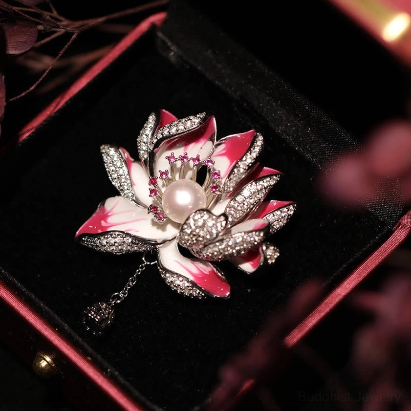 Rose red lotus pearl brooch with silver diamond pavé in velvet gift box with dried flowers