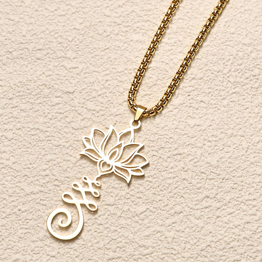 Black stainless steel lotus enlightenment pendant necklace with intricate hollow carved Buddhist design detail