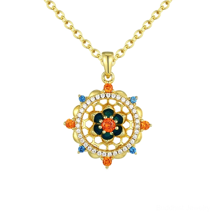 Sterling silver lotus flower pendant front view on white background, highlighting gem-set floral mandala design