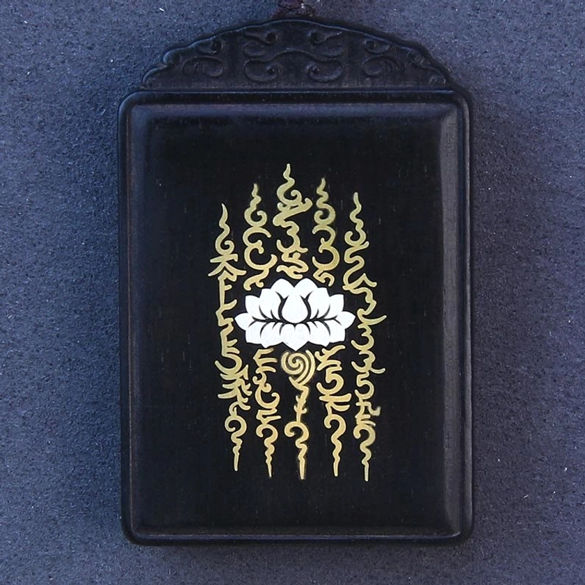 Sterling silver ebony wood lotus pendant necklace with gold and silver inlay motifs, matte black Buddhist spiritual pendant