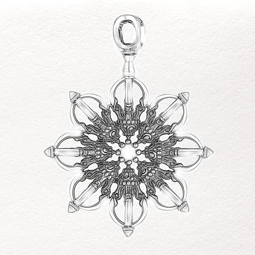 Buddhist lotus pendant with symmetric carved design, front flat lay view showing intricate carved details