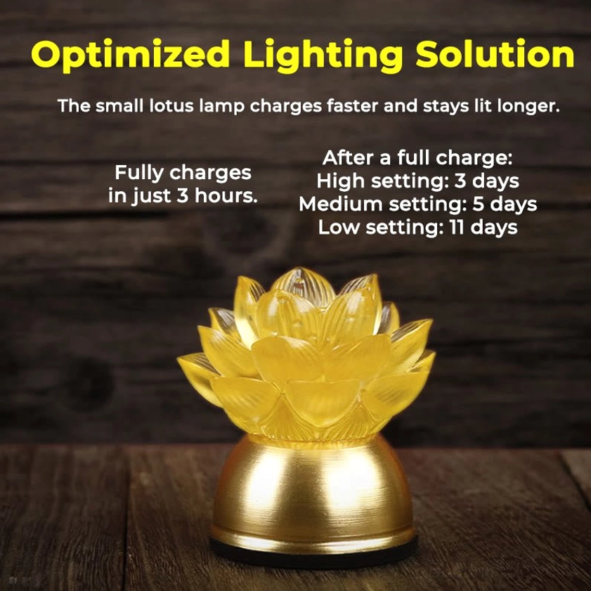 Lotus lamp charging and brightness optimization guide showing 3-hour fast charging and battery runtime across different brightness levels