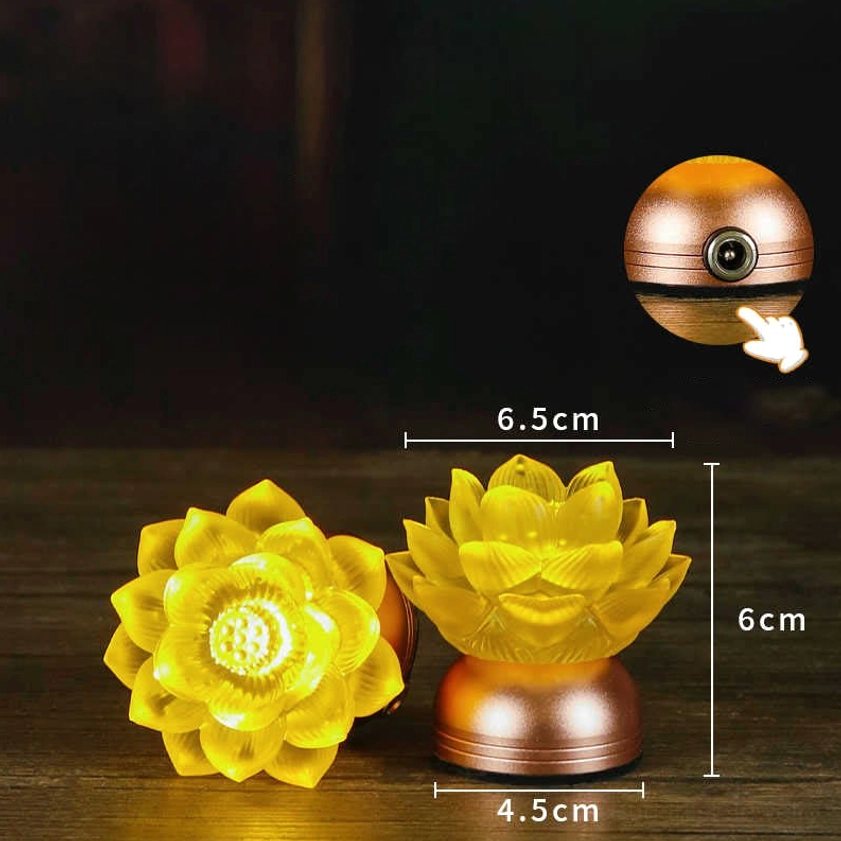 Lotus prayer light product details showing charging port, side and top view, two lotus bloom styles comparison, rose-gold copper base