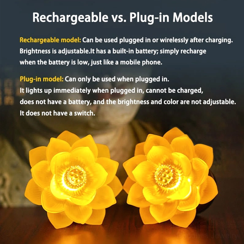 Lotus lamp model comparison guide with rechargeable and plug-in versions, two glowing lotus lamps displayed side by side