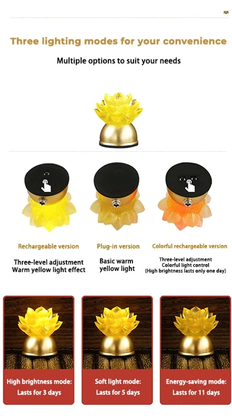 Rechargeable lotus prayer light with USB charging capability for convenient daily spiritual practice