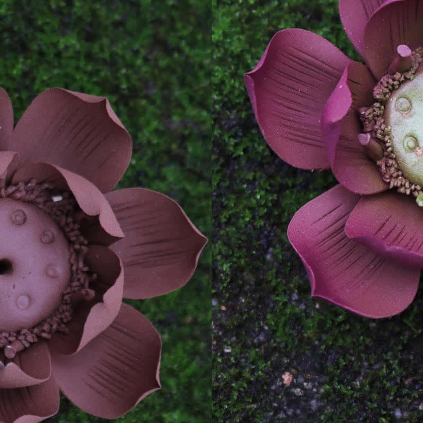 Lotus purple clay incense burner detailed product shot showing handcrafted quality and petal layering