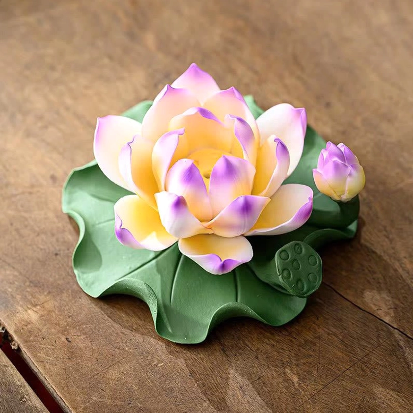 Lotus Purple Edge handmade ceramic incense burner with distinctive purple-trimmed petals