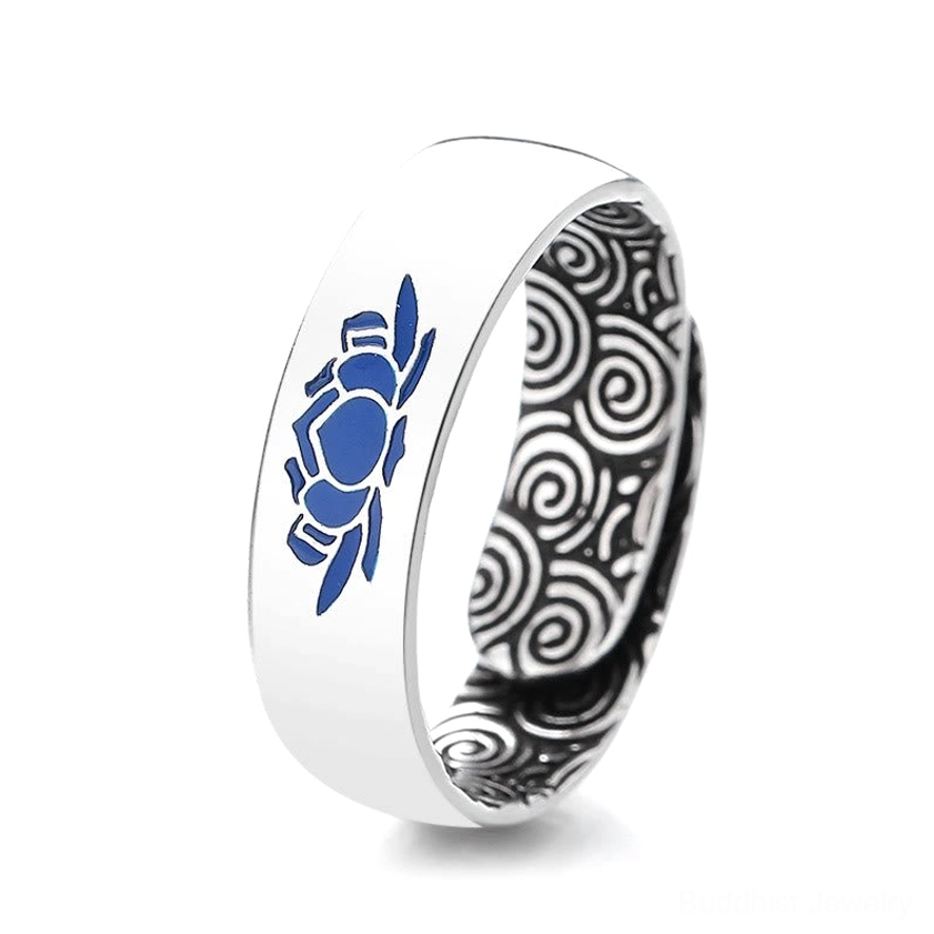 Blue lotus Buddhist ring front 3/4 view on white background displaying adjustable open band design