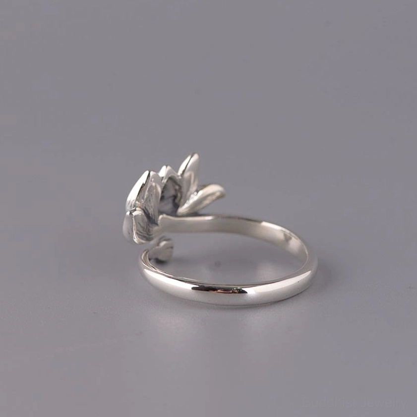 Lotus adjustable silver ring back view displaying reverse side polished silver finish