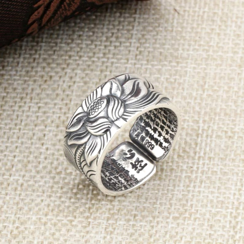 Oblique Side View of Hand-Engraved 999 Sterling Silver Lotus Buddhist Ring with Heart Sutra Text