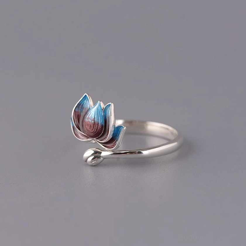 Sterling silver lotus ring side view showing gradient enamel lotus bud on ring tail