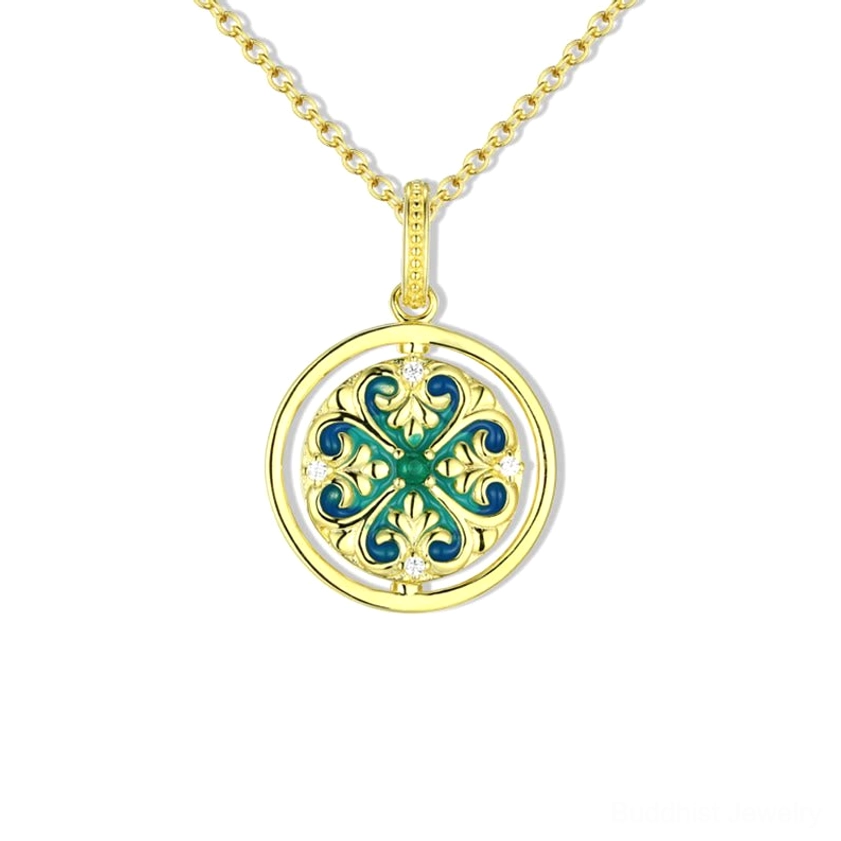 925 Sterling Silver Lotus Rotatable Pendant Necklace with blue enamel and zircon, front view on white background