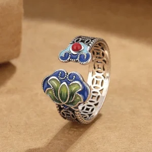 Adjustable lotus ruyi copper coin ring with red bead accent, handcrafted cloisonne enamel buddhist jewelry