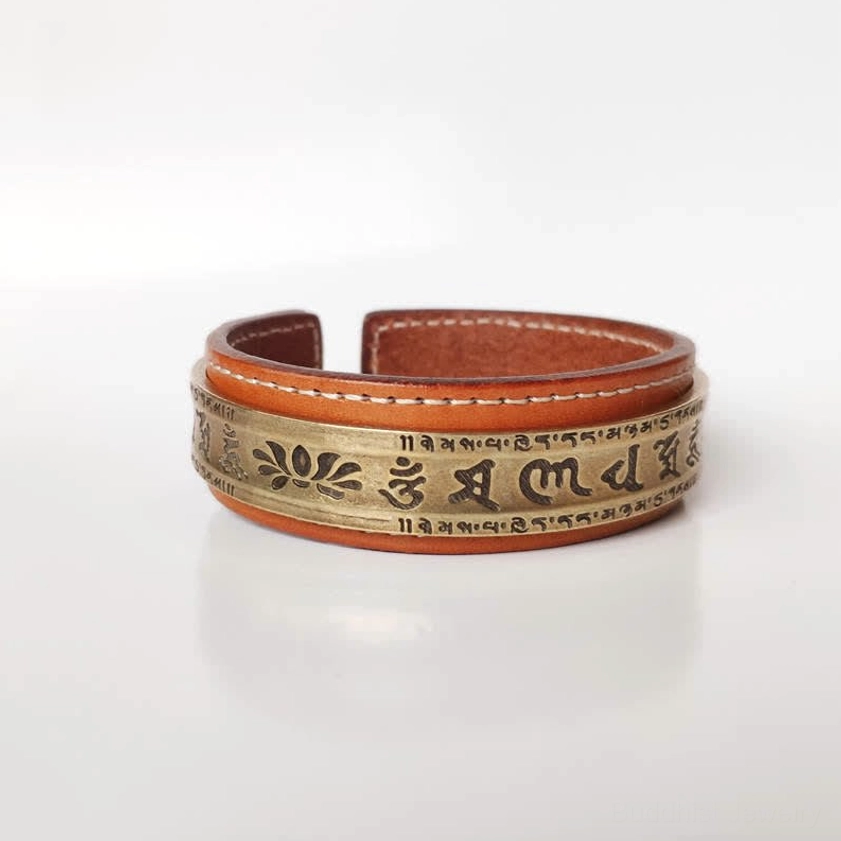 Lotus Sanskrit engraved leather cuff bracelet with stitched edges